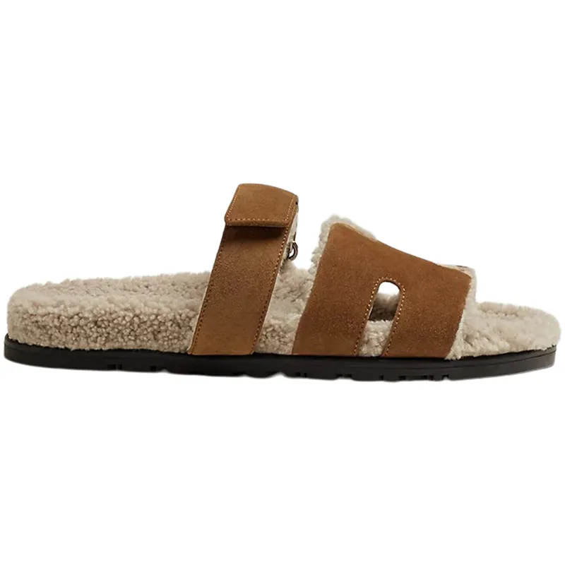 Hermes Chypre Sandal Brun Fume Suede Woolskin (M) (H222929Z)