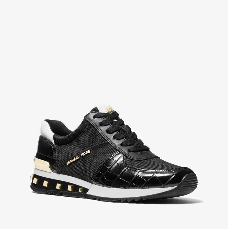 Michael Kors MK Allie Studded Mixed-Media Trainer – Black (43F1ALFS1D-0001)