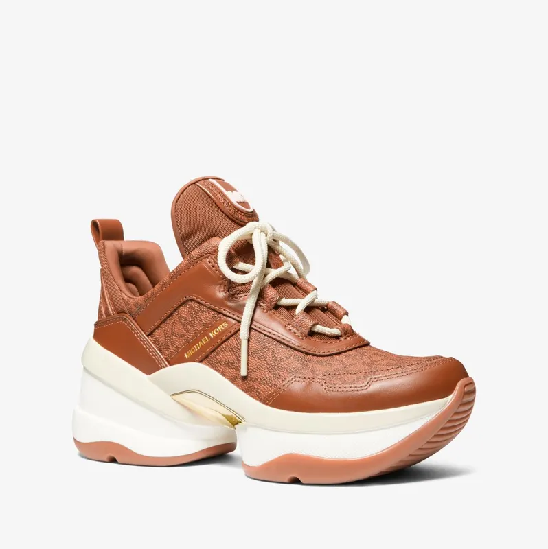 Michael Kors MK Olympia Logo and Leather Trainer – Luggage Brown (43F3OLFS1B-0230)