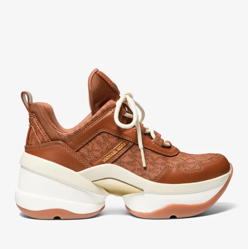 Michael Kors MK Olympia Logo and Leather Trainer – Luggage Brown (43F3OLFS1B-0230)