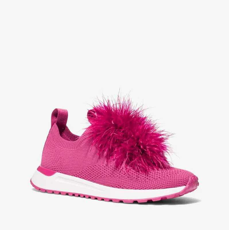 Michael Kors MK Bodie Feather Trim Stretch Knit Slip-On Trainer – Deep Fuchsia (43H3BDFP4D-1088)