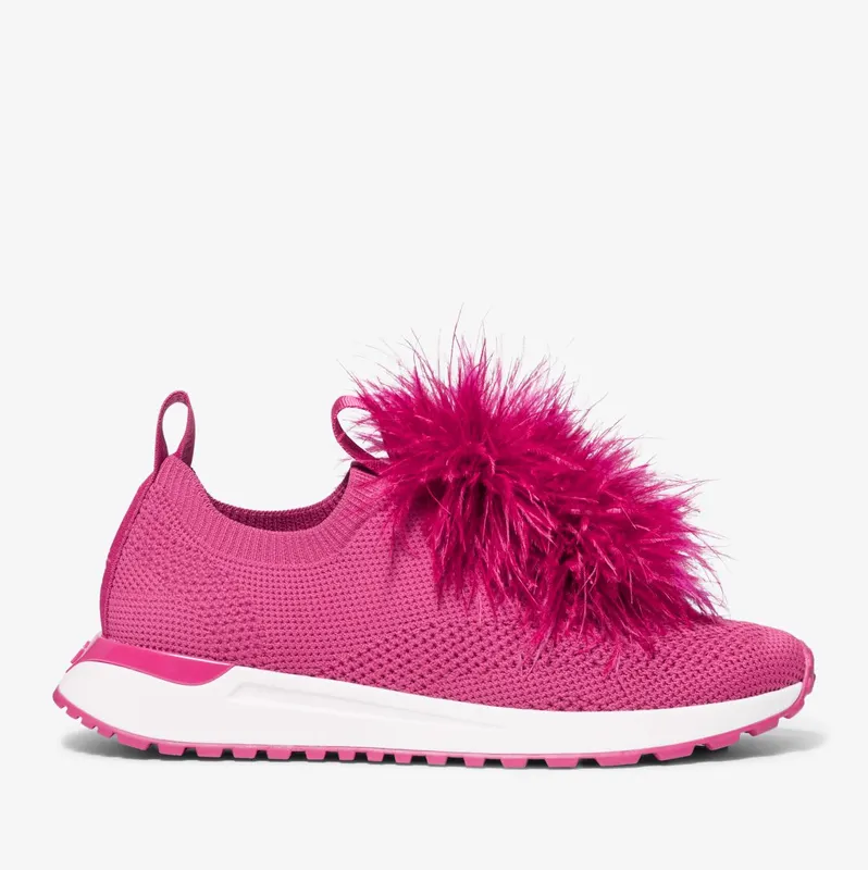 Michael Kors MK Bodie Feather Trim Stretch Knit Slip-On Trainer – Deep Fuchsia (43H3BDFP4D-1088)