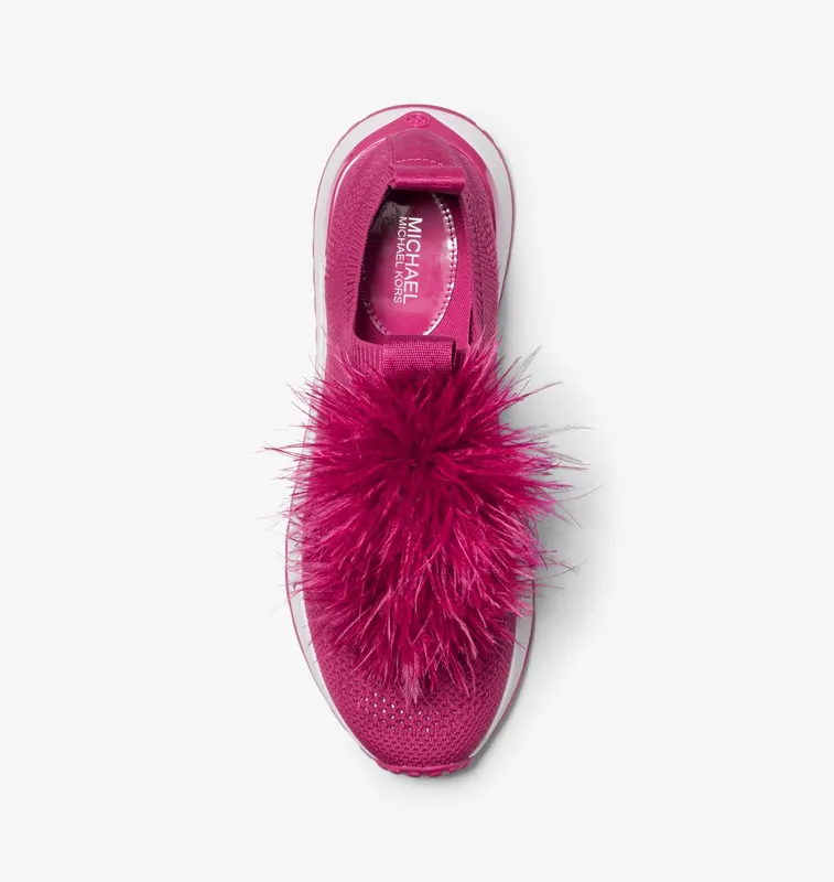 Michael Kors MK Bodie Feather Trim Stretch Knit Slip-On Trainer – Deep Fuchsia (43H3BDFP4D-1088)