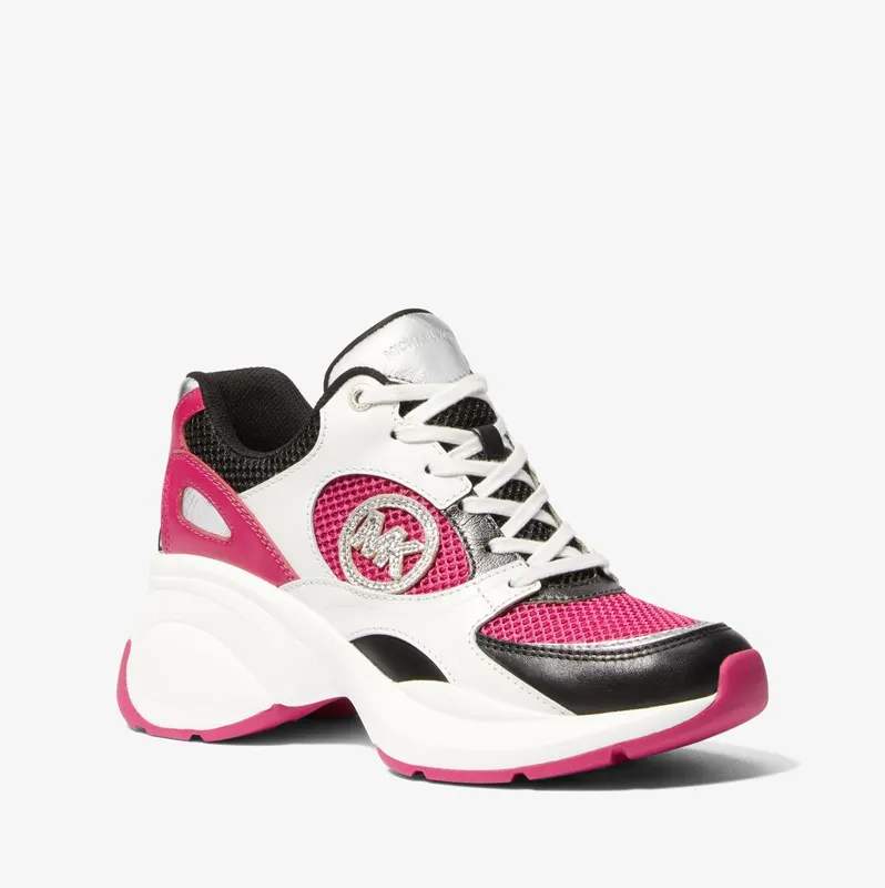 Michael Kors MK Zuma Color-Block Leather and Mesh Trainer – Deep Fuchsia Multi (43H3ZUFS2D-9634)