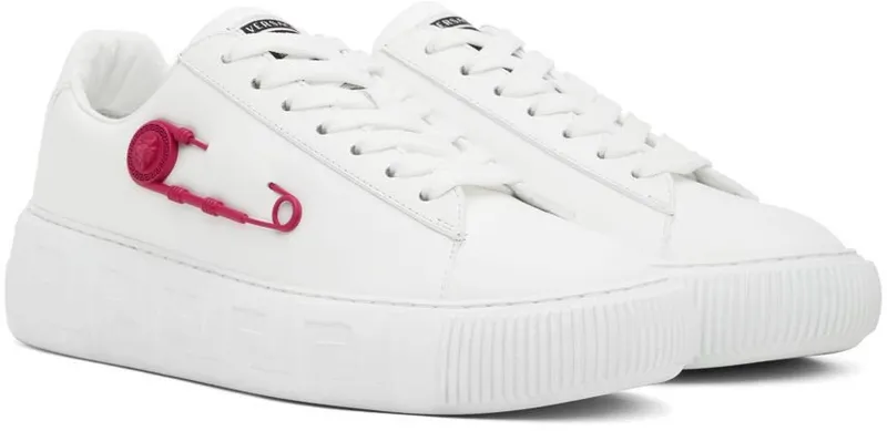 Versace White & Pink Safety Pin Sneakers (1004184_1A03536_1W260)