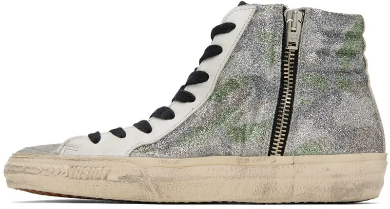 Golden Goose Silver & White Slide Classic High-Top 81535 Green Camoufla (GWF00115.F002572.81535)