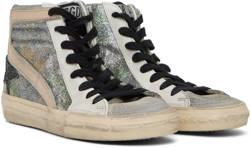 Golden Goose Silver & White Slide Classic High-Top 81535 Green Camoufla (GWF00115.F002572.81535)