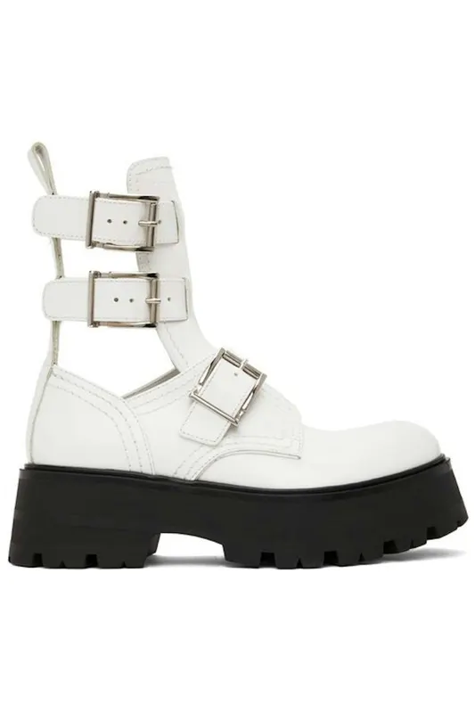 Alexander McQueen Buckle Fastening Ankle Boots White Black (Women’s) (700078WIC639359)