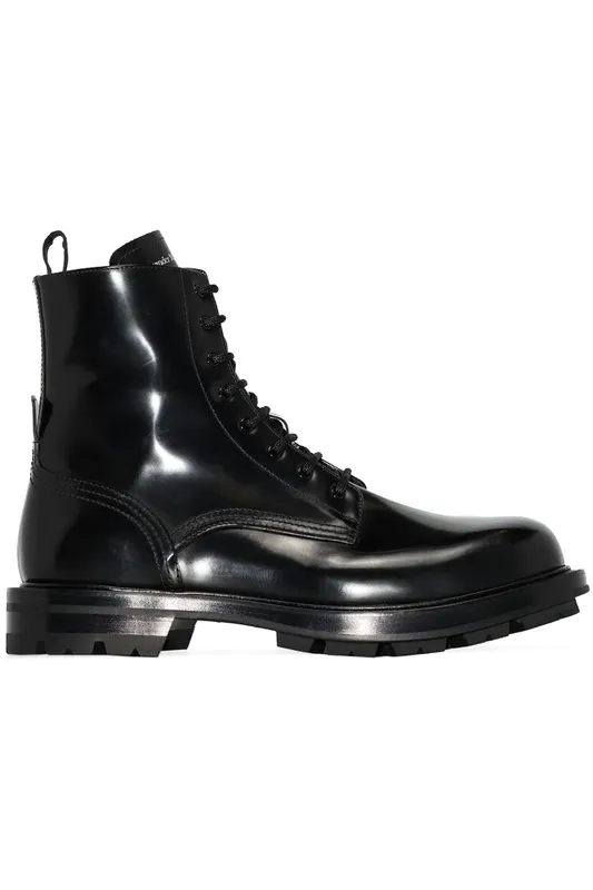Alexander McQueen Polished Leather Combat Boot Black (683569WHZ801000)