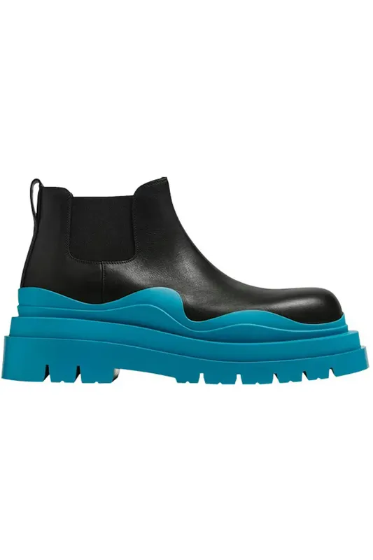 Bottega Veneta Leather Tire Chunky-Sole Ankle Chelsea Boot Black Amalfi Blue (630281VBS501438)