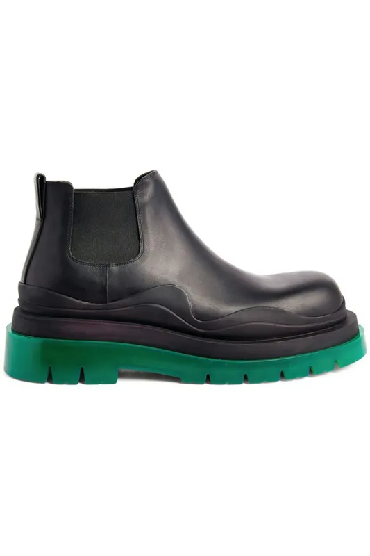 Bottega Veneta Leather Tire Chunky Sole Ankle Chelsea Boot Black Green (630281VBS501025)