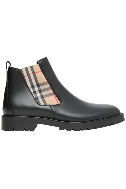 Burberry Vintage Check Leather Chelsea Boot Black Beige (Women’s) (8033228)