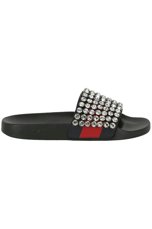 Gucci Crystal-Embellished Web Slide Black Blue Red (Women’s) (505330 0GZ20 8462)