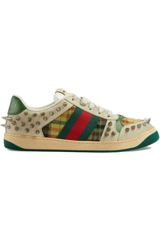 Gucci Screener GG Leather Sneaker Beige Metallic Silver Green (722613 FAAYN 8556)