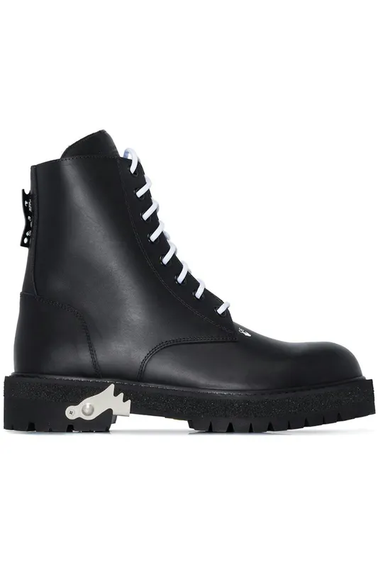 OFF-WHITE Lace Up Combat Boots Black Leather (OMID003R21LEA0011000)