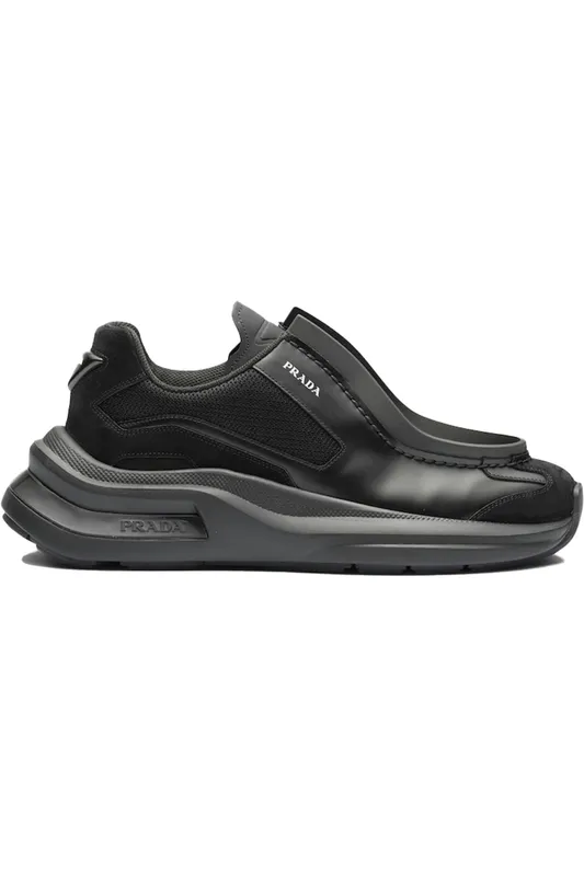 Prada Brushed Leather Sneakers Bike Fabric Suede Black (2EG424_3C37_F0002)