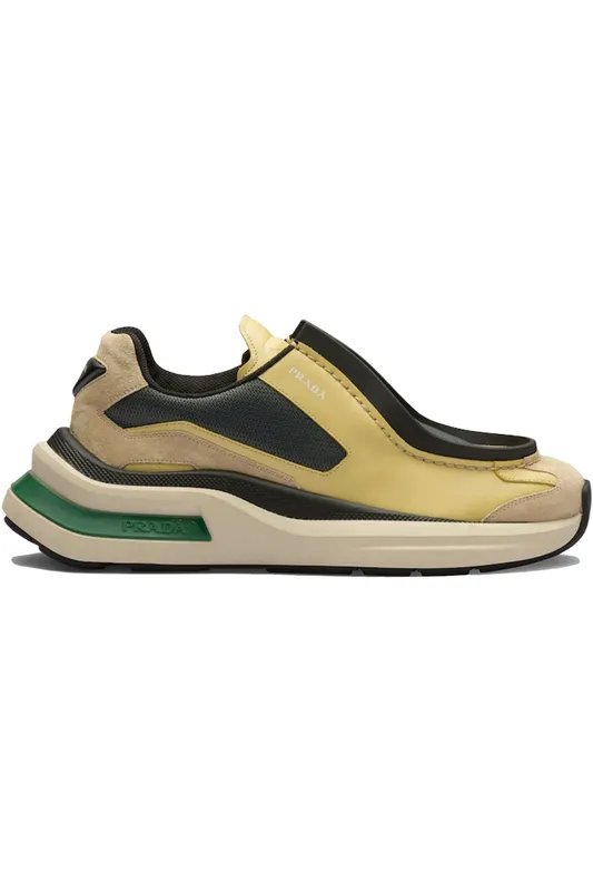 Prada Brushed Leather Sneakers Bike Fabric Suede Vanilla Anthracite Green (2EG424_3LNN_F03M3)