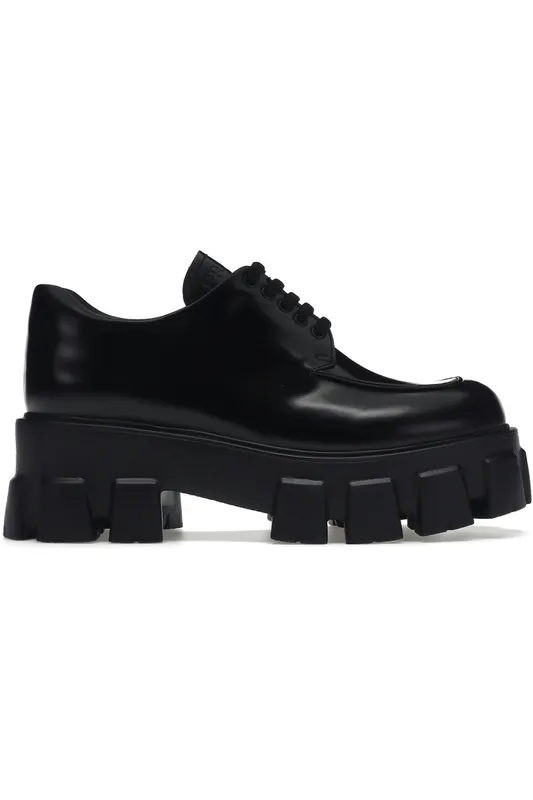 Prada Monolith 55mm Lace Up Loafer Black Brushed Leather (1E708L_B4L_F0002_F_B055)
