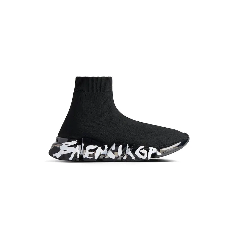 Balenciaga Men’s Speed 2.0 Full Clear Sole Graffiti Recycled Knit Sneaker In Black / White Black / White (617239W2DIA1190)