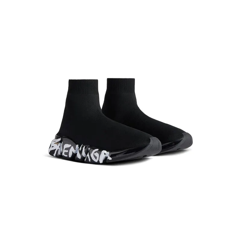 Balenciaga Men’s Speed 2.0 Full Clear Sole Graffiti Recycled Knit Sneaker In Black / White Black / White (617239W2DIA1190)