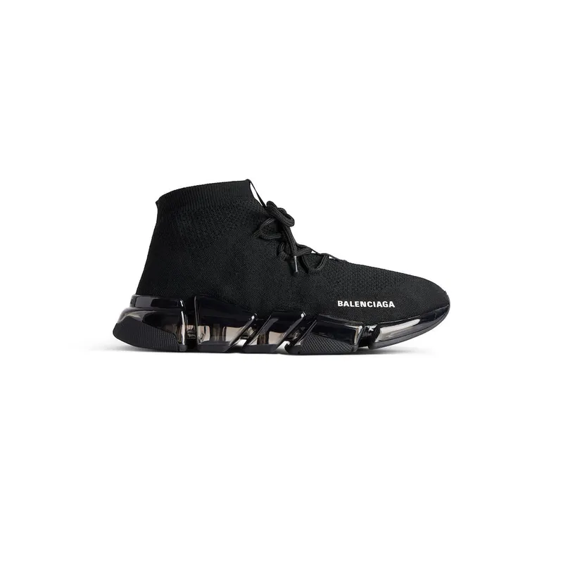Balenciaga Women’s Speed 2.0 Lace Up Full Clear Sole Recycled Knit Sneaker In Black Black (820315W2DC41000)
