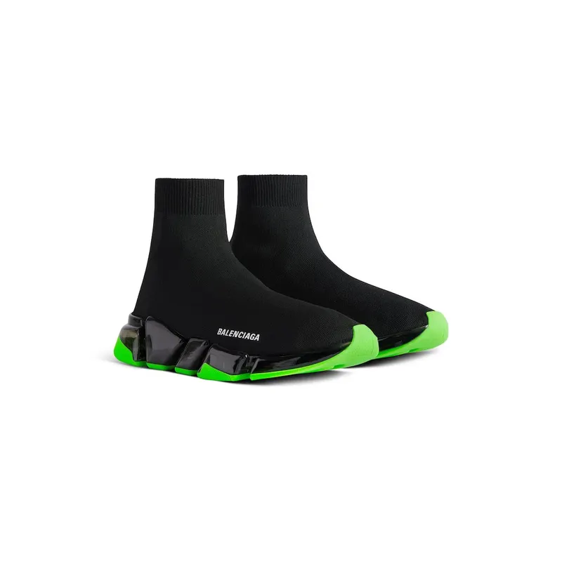 Balenciaga Men’s Speed 2.0 Full Clear Sole Recycled Knit Sneaker In Black / Neon Green Black / Neon Green (617239W2DC41038)