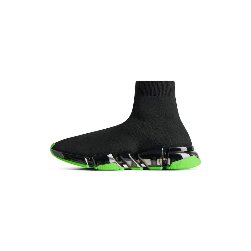 Balenciaga Men’s Speed 2.0 Full Clear Sole Recycled Knit Sneaker In Black / Neon Green Black / Neon Green (617239W2DC41038)