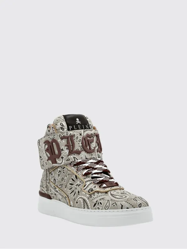 Philipp plein High-Top Leather Sneakers with Paisley Print and Padded Ankle Beige (FACSUSC0500PLE025N06)