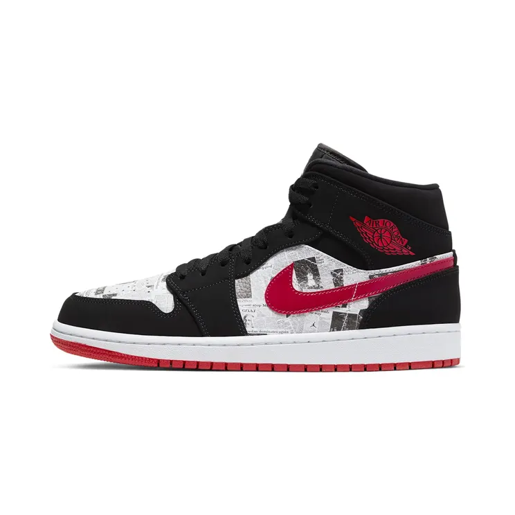 Air Jordan 1 Mid SE Newspaper Air Times “Black / White / Gym Red” (852542-061)