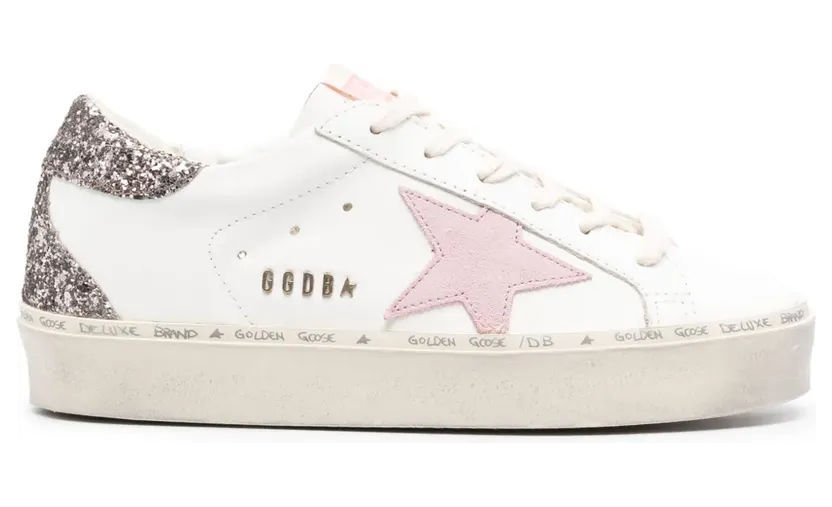 Golden Goose Hi Star Sneaker aus weißem Leder mit rosafarbenem Wildlederstern und rosafarbener Glitzer-Fersenlasche (GWF00119F005335)