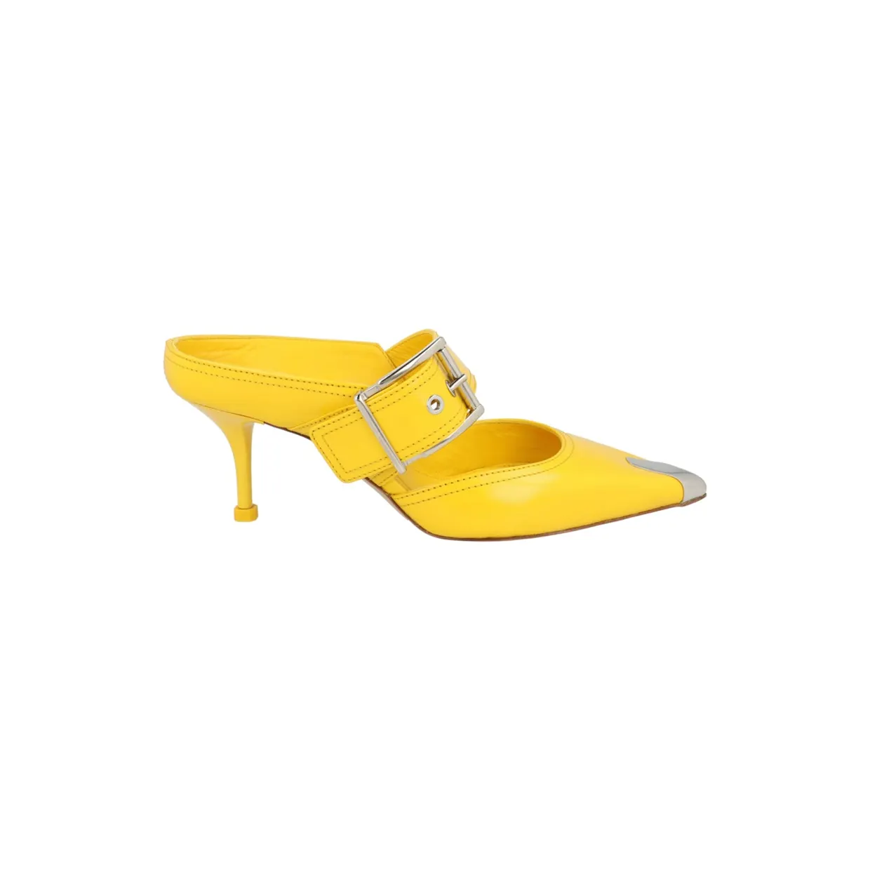 Alexander McQueen Buckle Leather Mules Pop Yellow Silver (709993 WHSWD 7097)