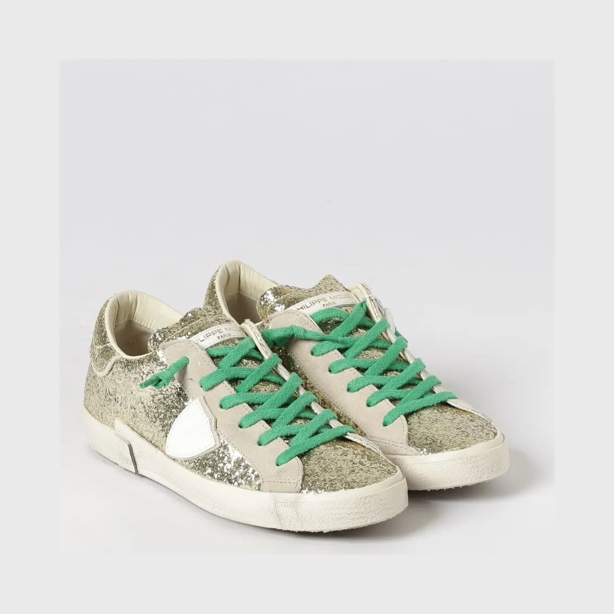 Philippe Model Low-Top Sneakers in Leather and Fabric with Glitter and Embroidery Gold (PRLDGG08)