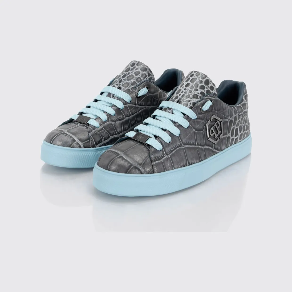 Philipp plein Crocodile-Print Leather Low-Top Sneakers with Hexagon Logo Turquoise (FAFSUSC1030PLE010N08)