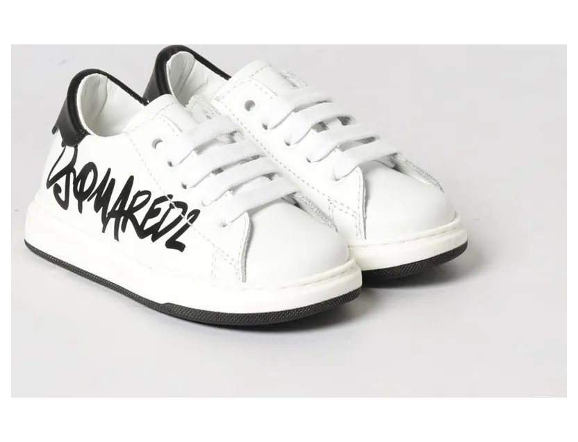 Dsquared2 Boy’s Lace-Up Calfskin Sneakers with Printed Logo White (8267502)