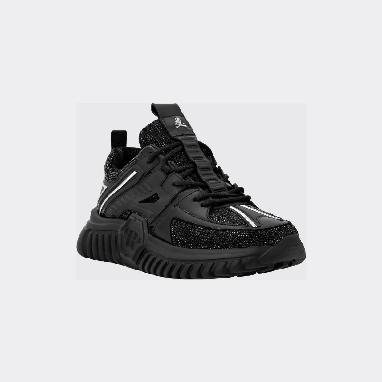 Philipp plein Leather Low-Top Sneakers with Rhinestones and Hexagon Logo Black (PACSUSC0463PLE075N02)