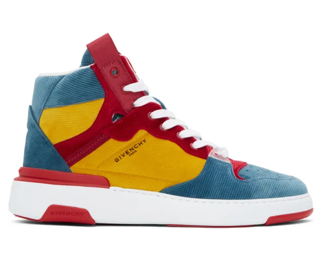 Givenchy Blue and Yellow Ribbed Velvet Three-Toned Wing Sneakers (BH002JH0R5)