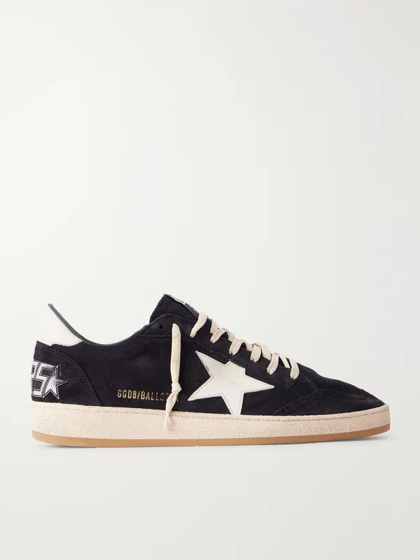 Golden Goose Ball Star Distressed Leather-Trimmed Suede Sneakers Black (GMF00117.F008721)