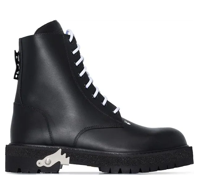OFF-WHITE Lace Up Combat Boots Black Leather (OMID003R21LEA0011000)