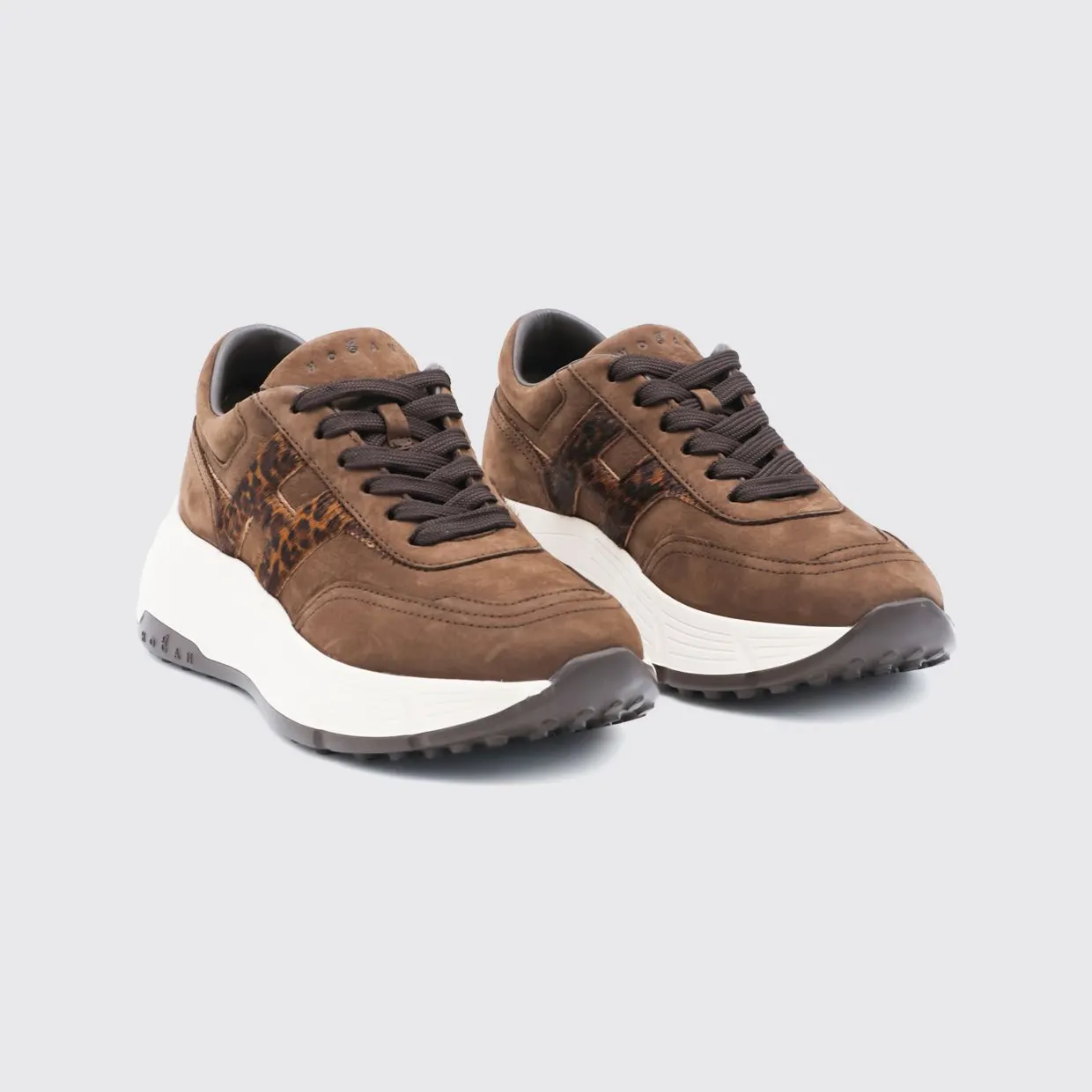 Hogan Hi-Fi Nubuck and Pony-Effect Leather Sneakers with Animal Print and Chunky Sole Brown (HXW6690FR30VH80R1D)
