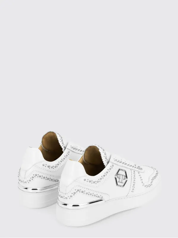 Philipp plein Brushed Leather Low-Top Sneakers with Embroidered Monogram White (FADSMSC3980PLE010N01) (2)