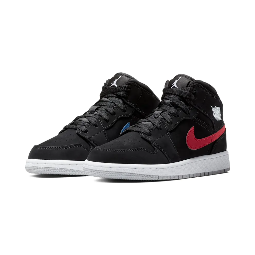 Jordan 1 Mid Multi-Color Swoosh Black (GS) Black/Varsity Red-Varsity Royal-White-Cement Grey (554725-065)