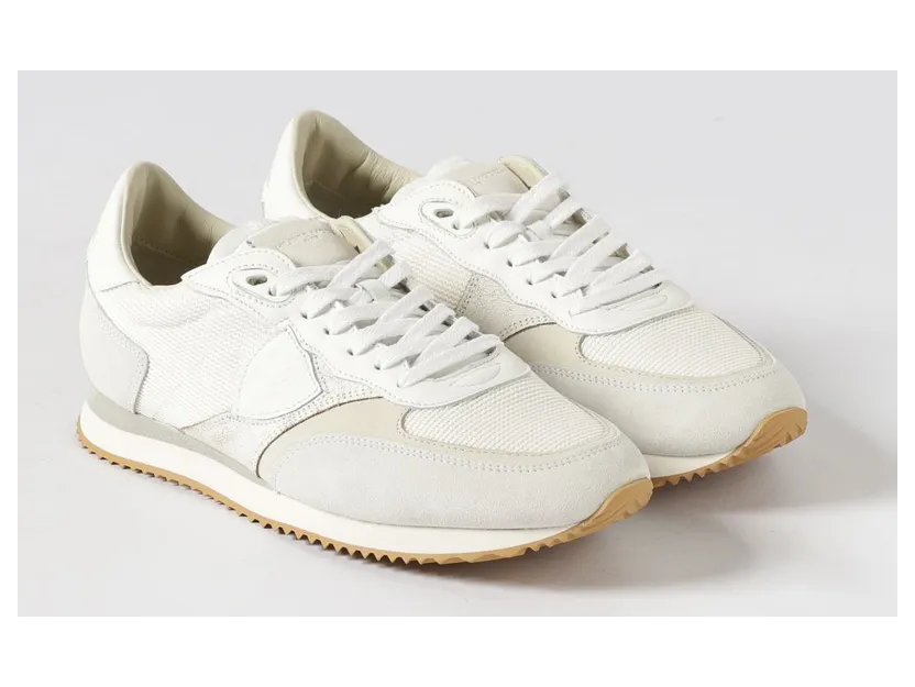 Philippe Model Low-Top Sneakers in Calf Leather and Mesh with Laminated Logo White (BVLUW001)