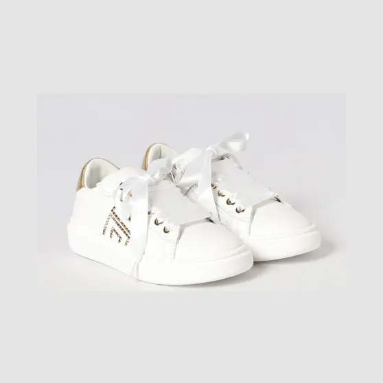 Elisabetta Franchi Leather Sneakers with Rhinestone Logo White (F4A9E05040092B093)
