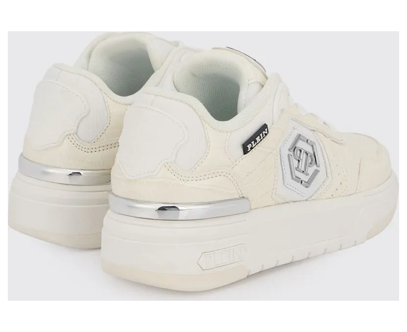 Philipp plein SK8R Low-Top Sneakers in Leather and Mesh with Croc Print and Hexagon Logo White (PAFSUSC0962PTE003N01) (2)