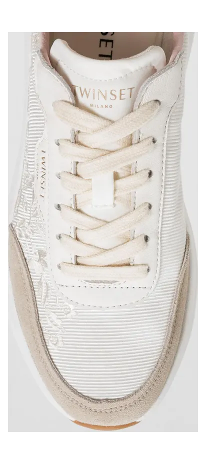 Twinset Embroidered Leather and Twill Low-Top Sneakers with Suede Details White (261TGT11413539) (2)