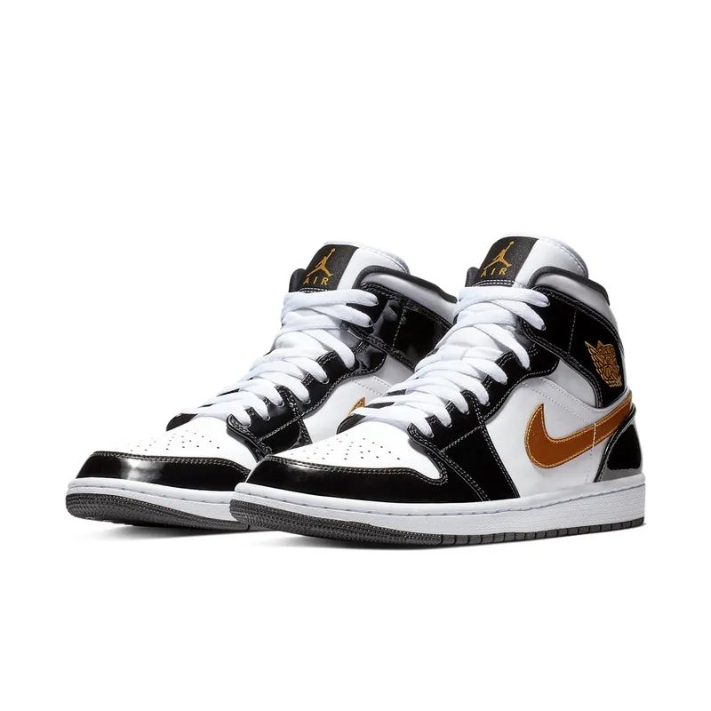 Air Jordan Nike AJ I 1 Mid Patent Black White Gold (852542-007)