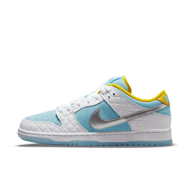 Nike x FTC SB Dunk Low (2021) – “White / Lagoon Pulse-metallic Silver-speed Yellow” (DH7687-400)