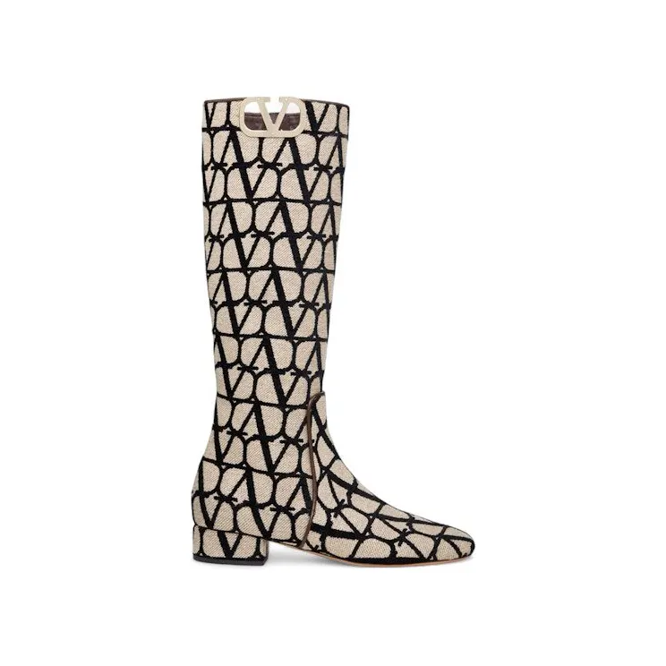 Valentino V’Logo Type Toile Iconographe Boots Beige Black (2W2S0FT9EBH6ZN)
