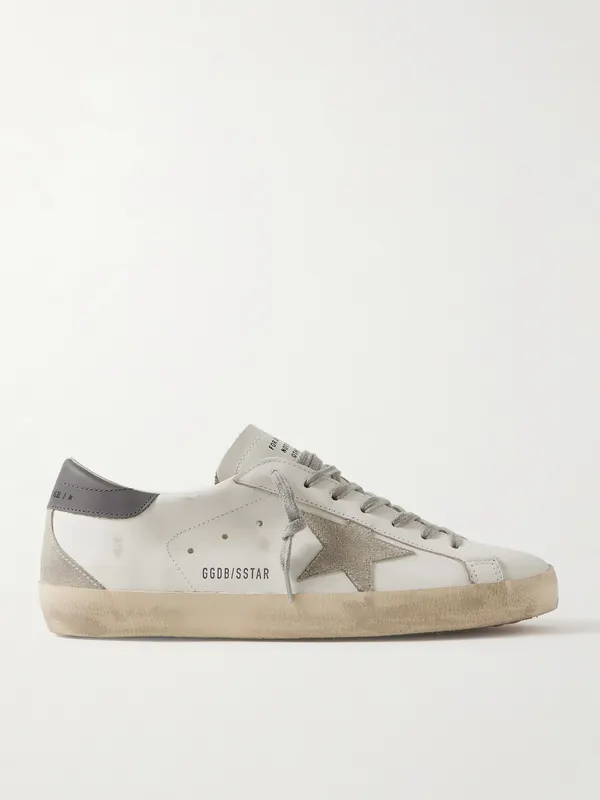 Golden Goose Super-Star Distressed Suede-Trimmed Leather Sneakers White (GMF00102.F006113)