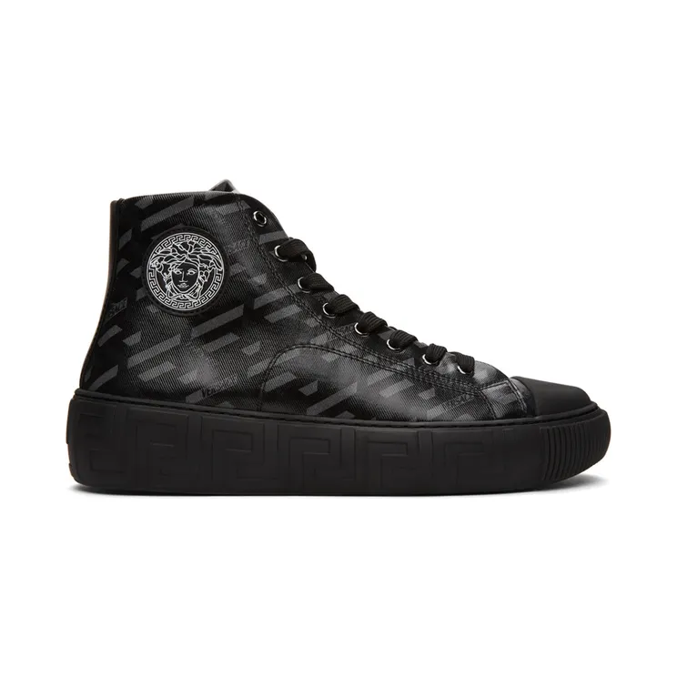 Versace Black & Grey ‘La Greca’ High-Top Sneakers (DSU8403 1A01726)